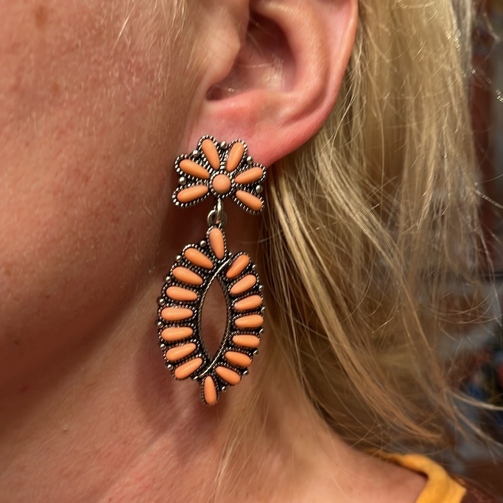 Boho Oval Blossom and Natural Coral Stone Earrings - Picture 9 of 10